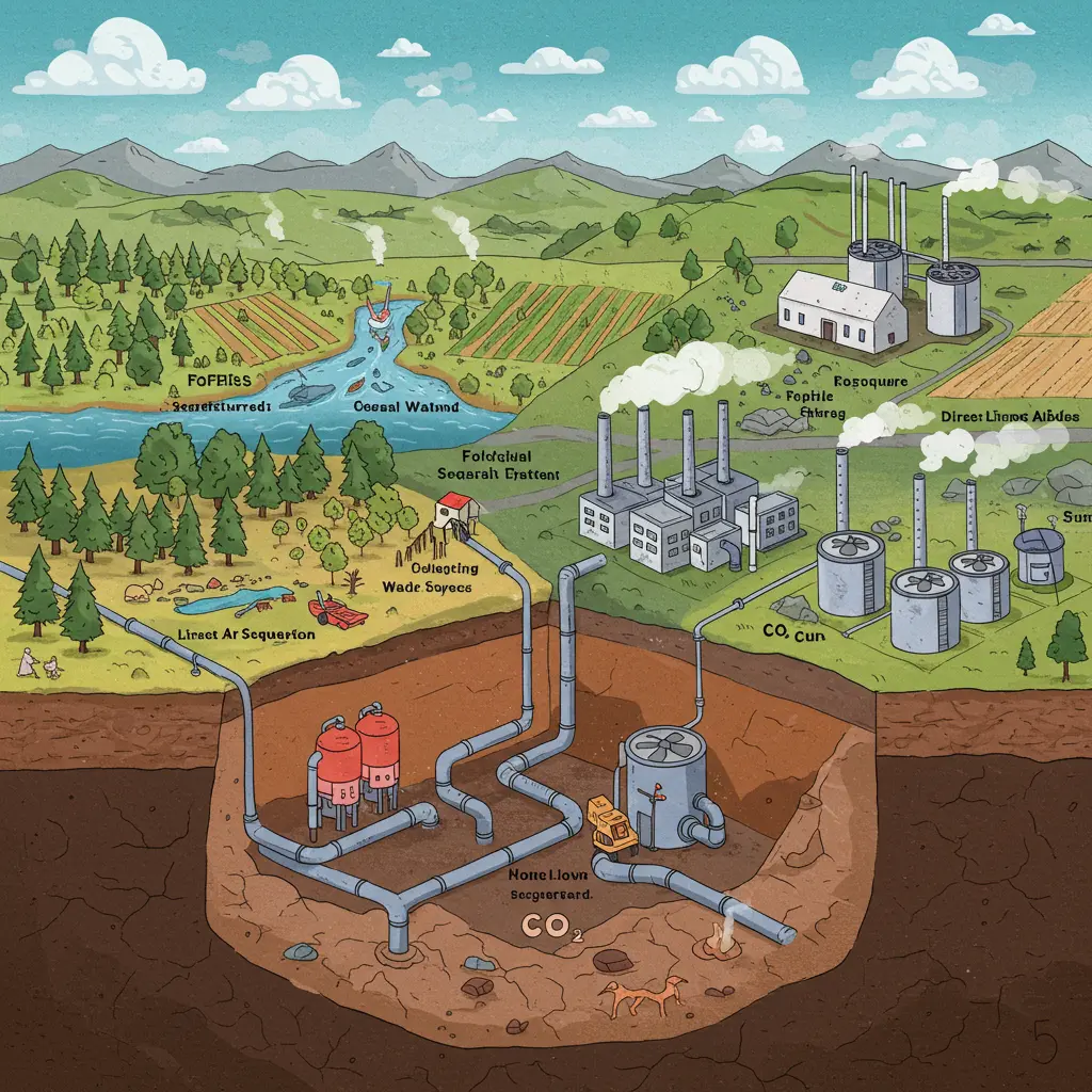 Minh họa các phương pháp thu giữ và lưu trữ carbon: từ sinh học như rừng, đất nông nghiệp, vùng đất ngập nước đến công nghệ như thu giữ carbon tại nguồn và lưu trữ dưới lòng đất.