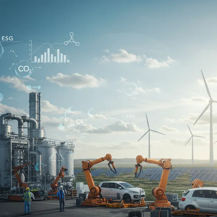 Banner illustrating the convergence of carbon capture technology in industry and sustainable electric vehicle manufacturing, symbolizing advancements towards Net Zero and ESG goals.