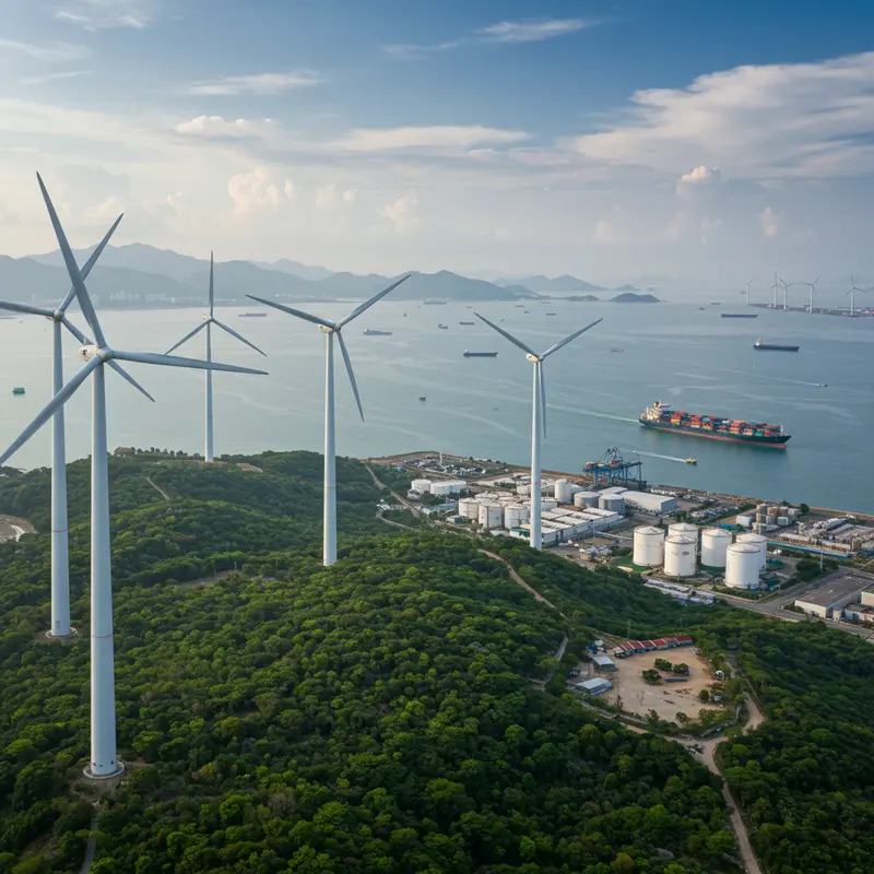 Hình ảnh kết hợp năng lượng tái tạo, vận tải biển và công nghiệp xanh tại Việt Nam.