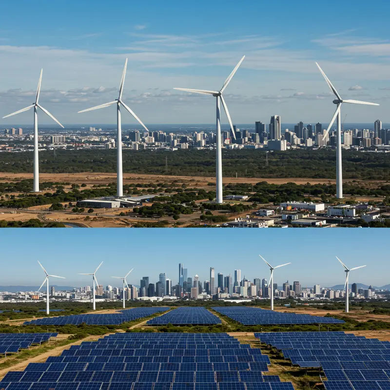 Cảnh quan toàn cầu với tua-bin gió, trang trại năng lượng và trung tâm đô thị.