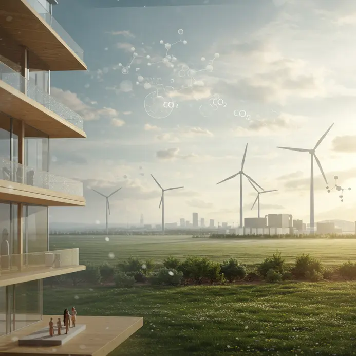 Convergence of sustainable architecture, carbon capture tech, and green energy, symbolizing the environmental and tech news roundup of April 14, 2025.