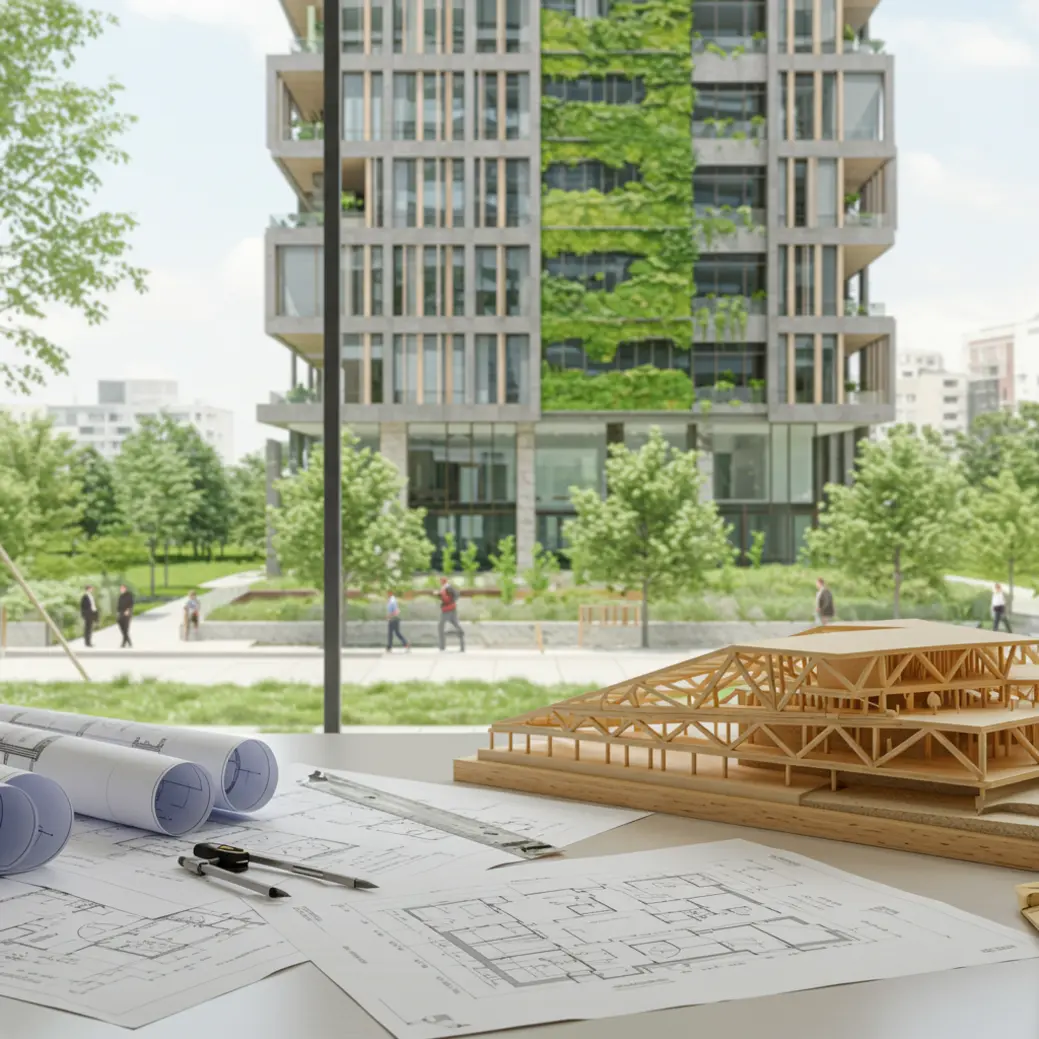 Visualizing the integration of carbon quantification into early-stage architectural design using sustainable materials. Sustainable architectural design process showing blueprints and models with timber, representing carbon assessment tools like Gensler's nContinuum.