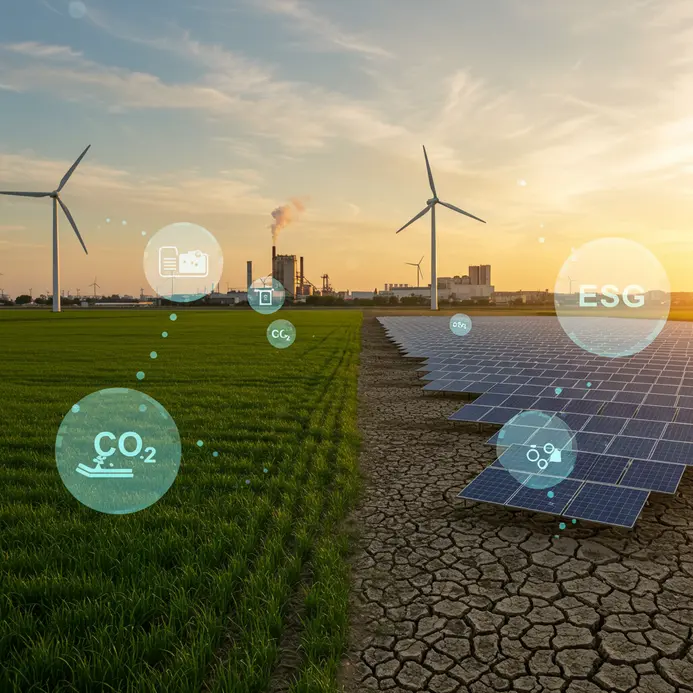 Banner showing mixed renewable energy sources and industry, symbolizing the diverse challenges and transitions discussed, including VW's situation with emissions and ESG.