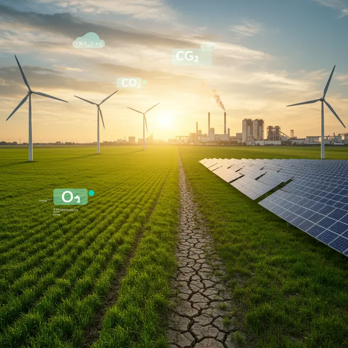 Photorealistic banner visualizing the convergence of green energy (wind, solar), modern green steel industry, and climate challenges, representing the push towards Net-Zero and sustainable technology.