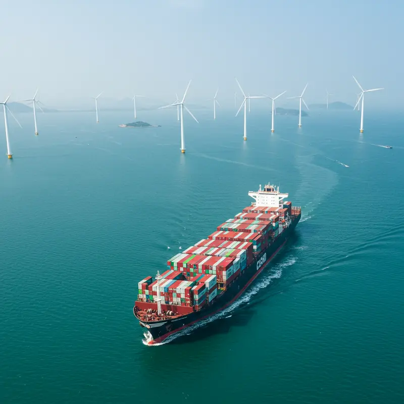 Tàu container trên biển gần bờ biển Việt Nam với tuabin gió phía xa, tượng trưng cho ngành hàng hải xanh và bền vững.