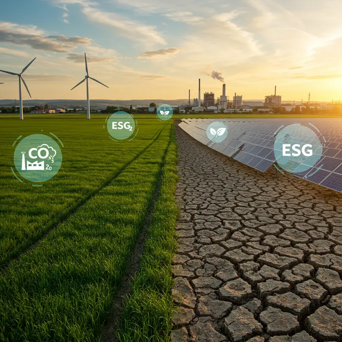 A photorealistic banner showing a blend of green energy (wind, solar), industry (modern plant), and climate visuals (green vs dry land, faint CO2 cloud), representing Microsoft's broad sustainability efforts.