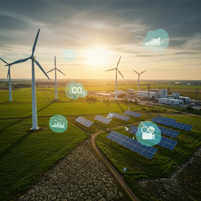 Banner summarizing Net Zero news: Shows wind turbines, solar panels, industry, farmland, drought areas, and symbolic icons representing CO2, ESG, and industry examples, reflecting the post's diverse topics.