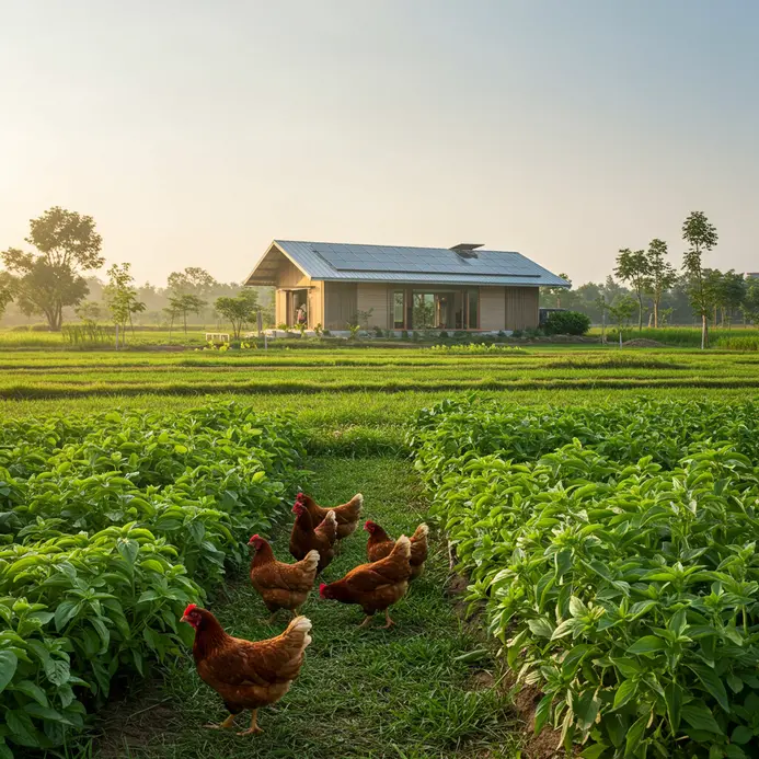 Ảnh banner mô tả trang trại gà bền vững ở Việt Nam, gà ăn thảo mộc gần vườn thảo dược, tượng trưng cho nông nghiệp Net Zero và ESG.