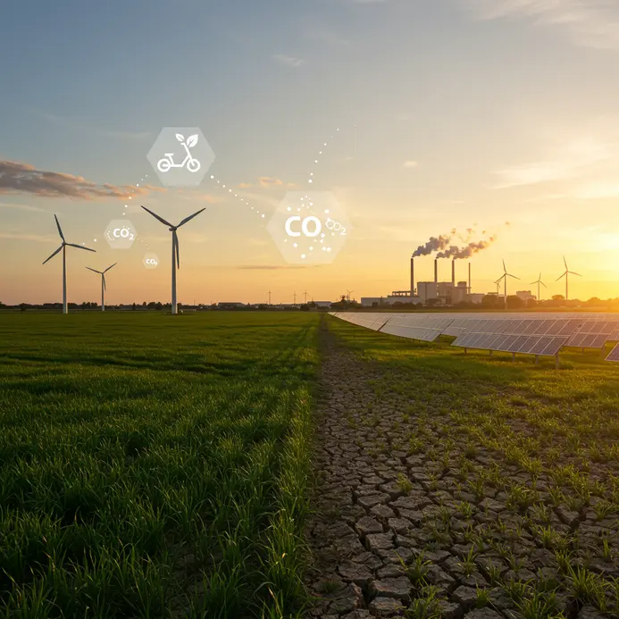 Tổng hợp các đổi mới bền vững: Nông nghiệp xanh giao thoa với khu vực khô cằn, năng lượng tái tạo, công nghiệp hiện đại và các biểu tượng mờ ảo của CO2, di chuyển đô thị, thực phẩm thực vật và ESG.