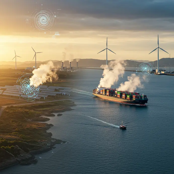 Banner illustrating key news themes: geothermal energy production, sustainable shipping, renewable energy sources like wind and solar, and advanced materials, representing the diverse push towards Net-Zero.