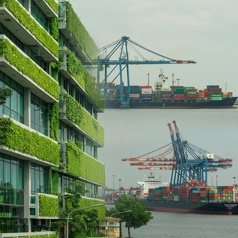 Hình ảnh ghép nối tòa nhà xanh hiện đại ở Việt Nam và cảng biển quốc tế với tàu container.