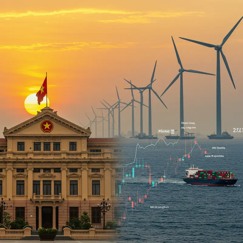 Ảnh ghép thể hiện chính sách, năng lượng tái tạo, thị trường carbon và vận tải biển liên quan đến Việt Nam.