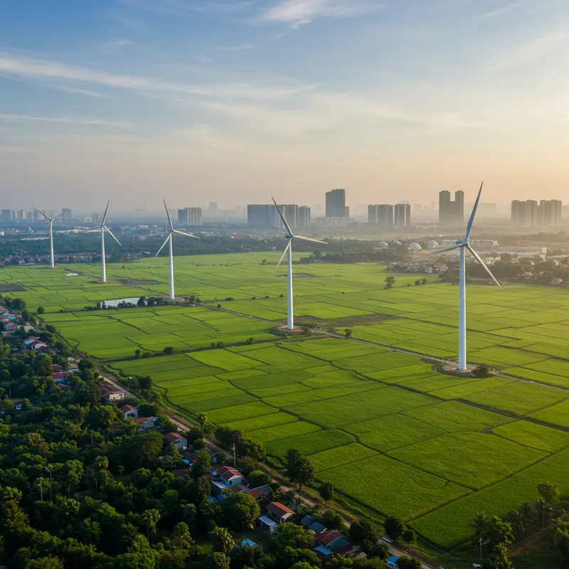 Toàn cảnh Việt Nam kết hợp giữa thiên nhiên xanh và phát triển đô thị bền vững với năng lượng tái tạo.