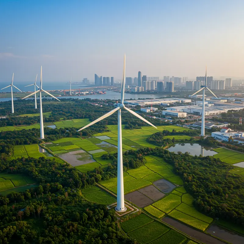 Toàn cảnh Việt Nam kết hợp nông nghiệp bền vững, năng lượng tái tạo (gió, mặt trời) và đô thị hiện đại, hướng tới Net Zero.