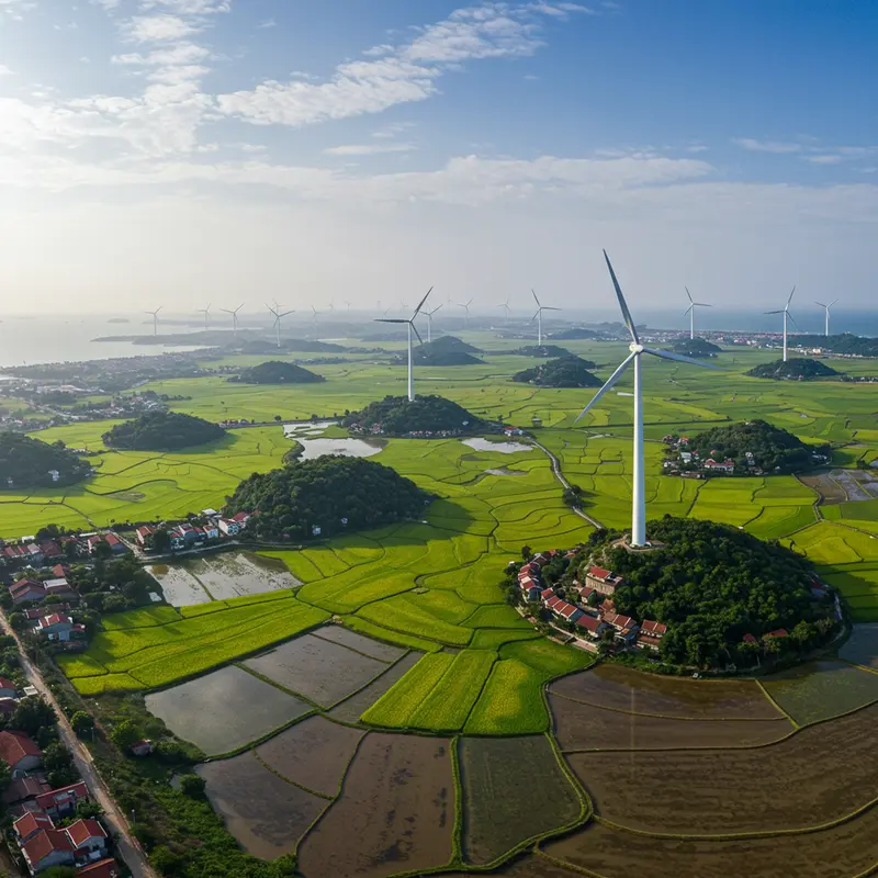 Toàn cảnh Việt Nam kết hợp cảnh quan thiên nhiên và hạ tầng năng lượng xanh, biểu tượng cho chính sách Net Zero.