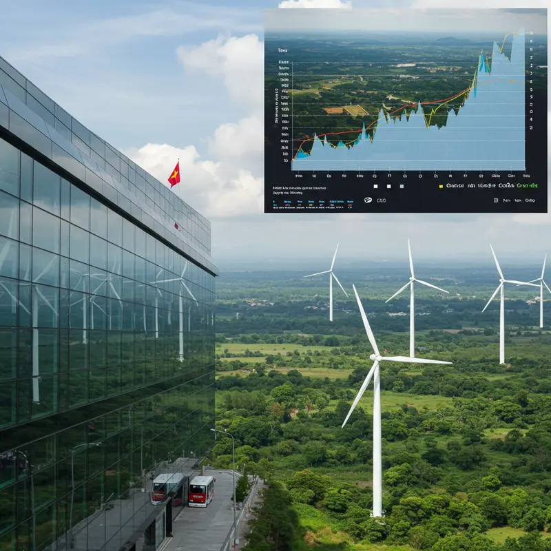 Toàn cảnh kết hợp tòa nhà chính phủ, trang trại gió, dữ liệu thị trường carbon và cảnh quan Việt Nam.