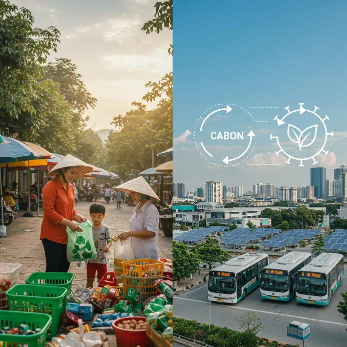 Ảnh banner tổng hợp các chủ đề tin tức: Hành động tiêu dùng bền vững tại Việt Nam, chính sách Net Zero, và kiến thức về chu trình carbon, thể hiện sự kết hợp giữa cá nhân, chính sách và khoa học.