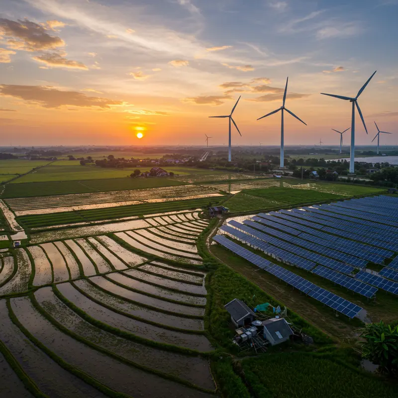 Phong cảnh Việt Nam chuyển đổi từ nông nghiệp sang năng lượng tái tạo.