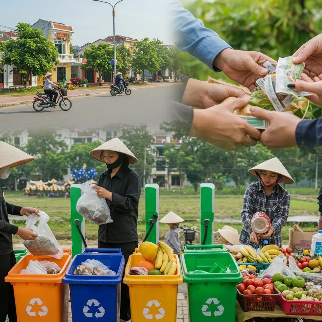 Hình ảnh minh họa hành động tiêu dùng bền vững tại Việt Nam: phân loại rác, mua sắm sản phẩm xanh, kết hợp với hạ tầng giao thông và năng lượng sạch.
