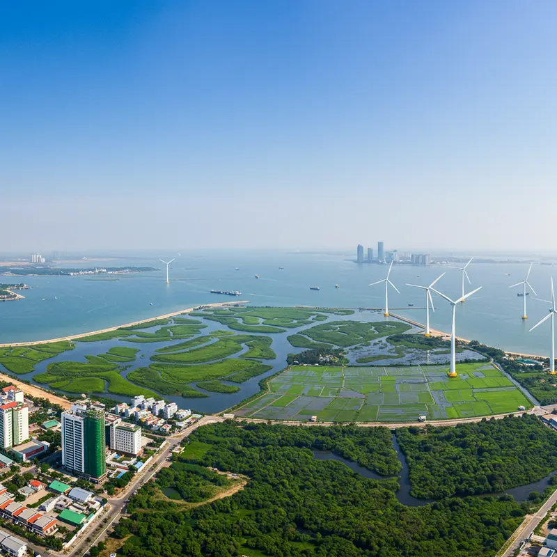 Toàn cảnh kết hợp phát triển kinh tế và hành động môi trường tại Việt Nam: thành phố xanh, năng lượng tái tạo, rừng ngập mặn, nông nghiệp công nghệ cao.